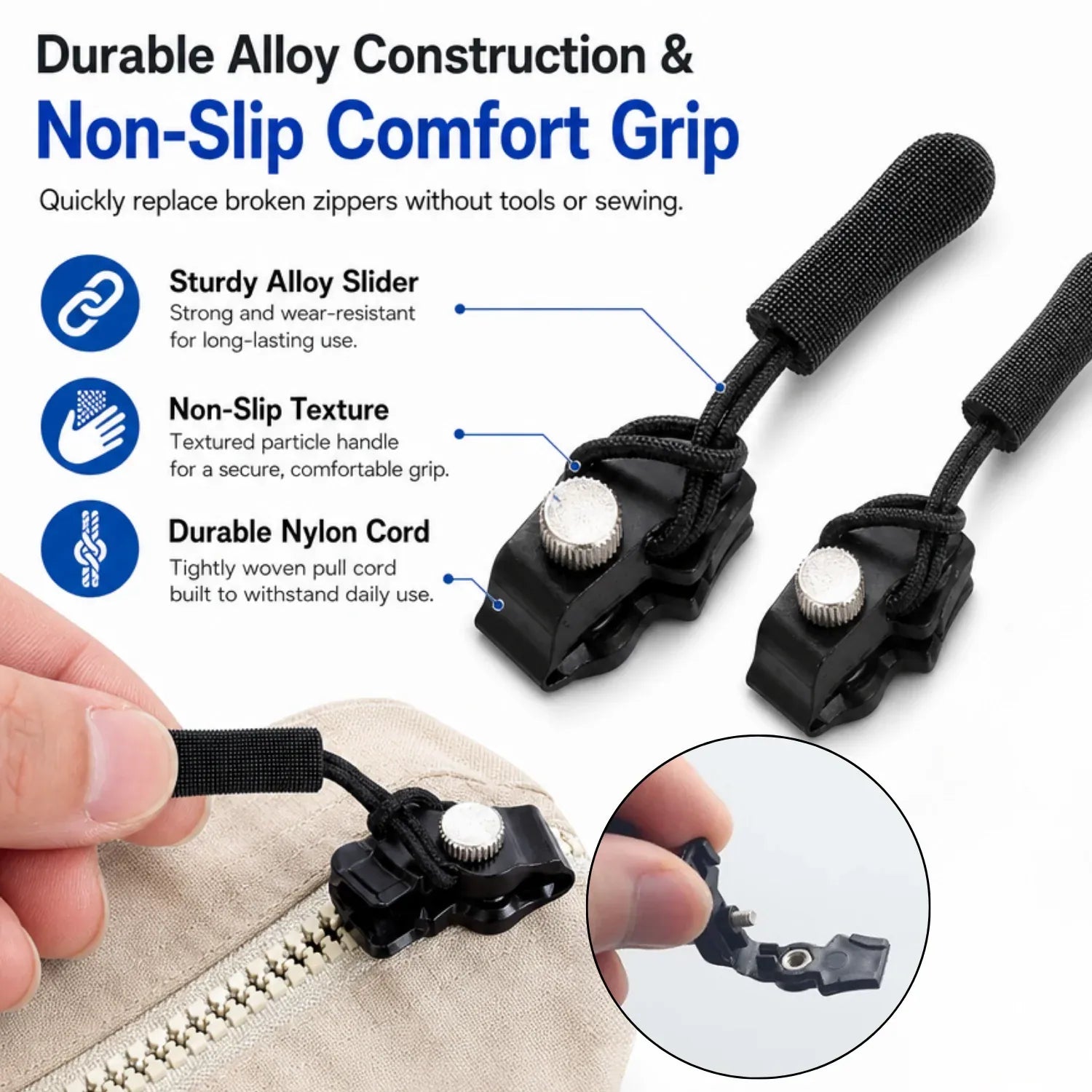 Close-up of the screw, slider body and textured pull