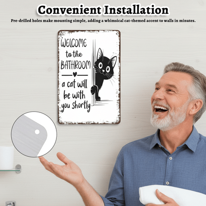 Funny Metal Tin Welcome Cat Sign For Bathroom