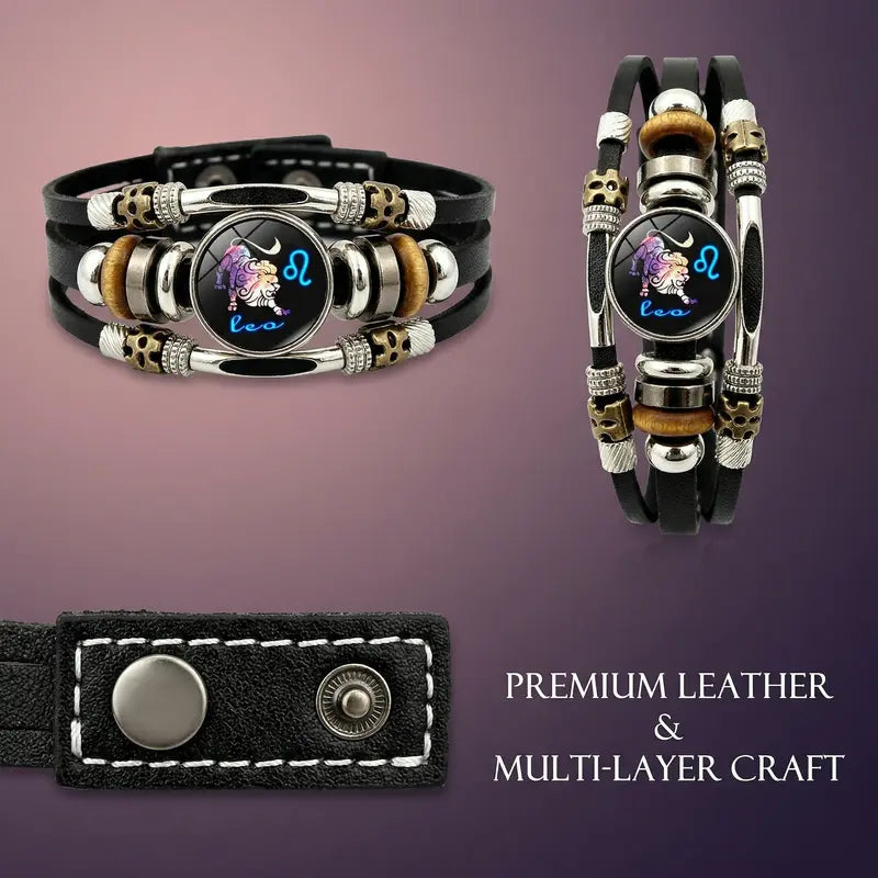 Dark 12 Leather Zodiac Bracelet for Men and Women