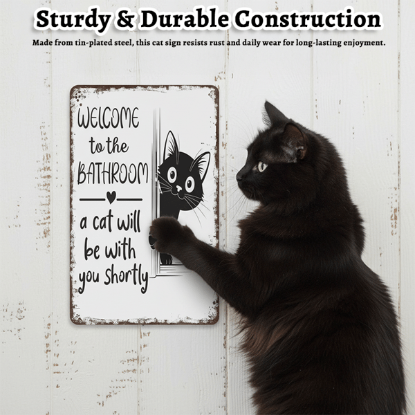 Funny Metal Tin Welcome Cat Sign For Bathroom
