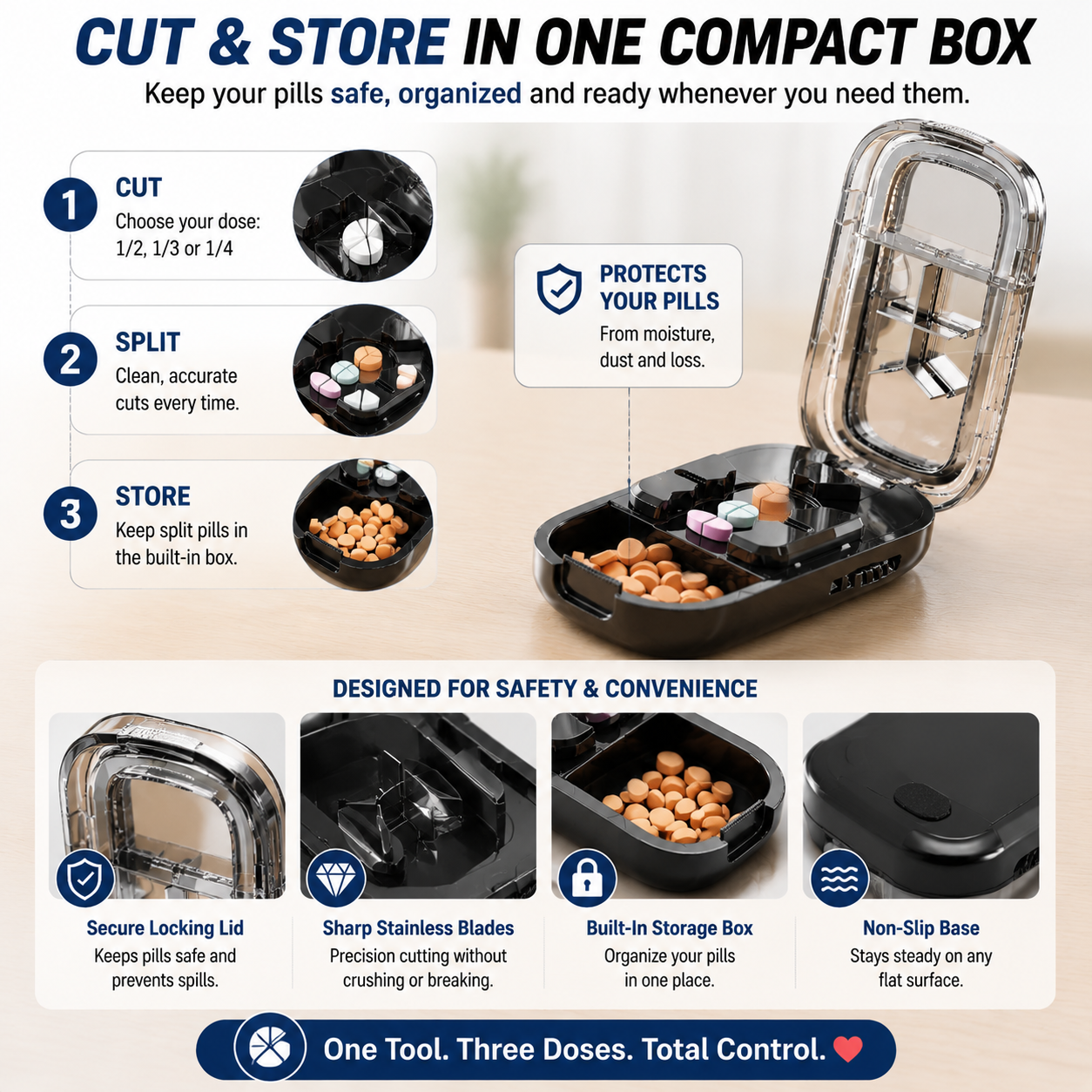 💊 Cut, Split & Store | 3-in-1 Pill Cutter for ½, ⅓ & ¼ Splits