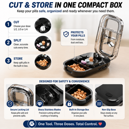 💊 Cut, Split & Store | 3-in-1 Pill Cutter for ½, ⅓ & ¼ Splits