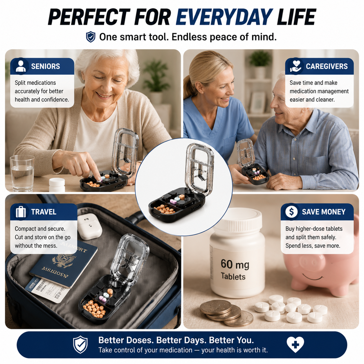 💊 Cut, Split & Store | 3-in-1 Pill Cutter for ½, ⅓ & ¼ Splits