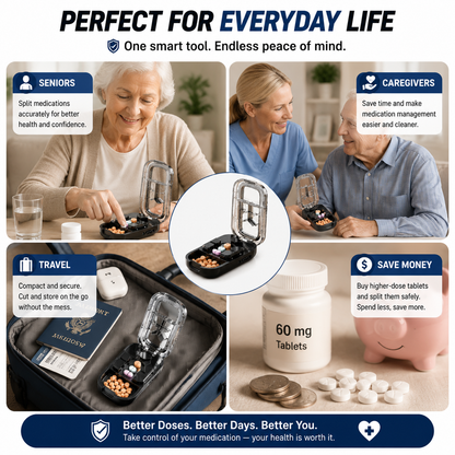 💊 Cut, Split & Store | 3-in-1 Pill Cutter for ½, ⅓ & ¼ Splits