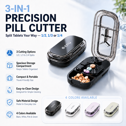 💊 Cut, Split & Store | 3-in-1 Pill Cutter for ½, ⅓ & ¼ Splits