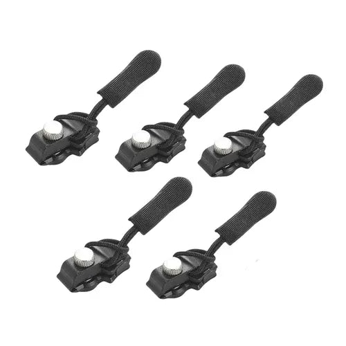 Close-up of black zipper repair sliders; pack contents are listed below
